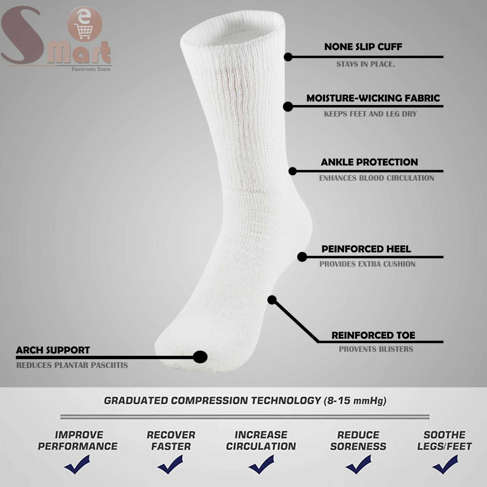 3-12 Pairs Health Circulatory Crew Cotton Diabetic Socks White 9-11 10-13 13-15