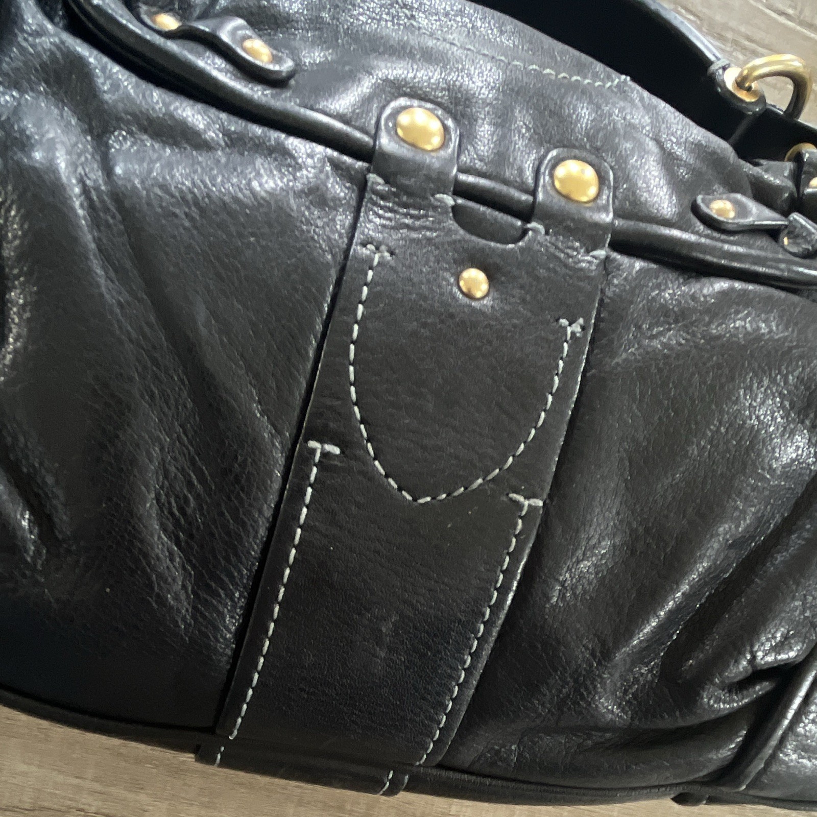 Y2K Juicy Couture Black Leather Studded Purse, heart & key gold metal accents