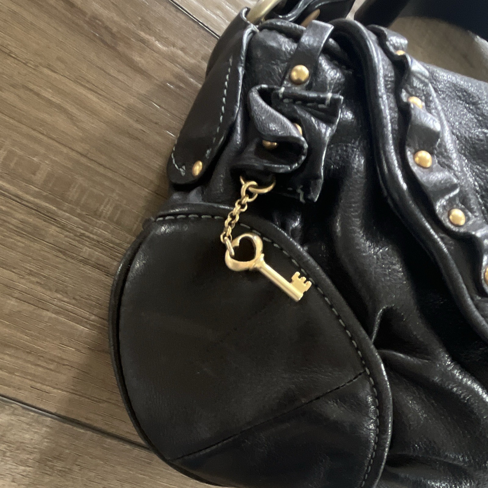 Y2K Juicy Couture Black Leather Studded Purse, heart & key gold metal accents