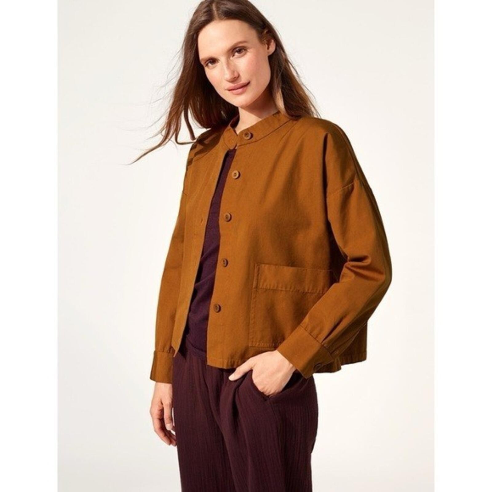 Eileen Fisher Terracotta Mandarin Collar Orga. Cotton M EUC Returns Accepted