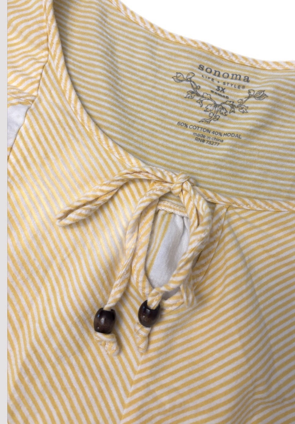 Sonoma Yellow/White Striped Round Neck Cap Sleeve Beaded Tie Top, Plus 3X