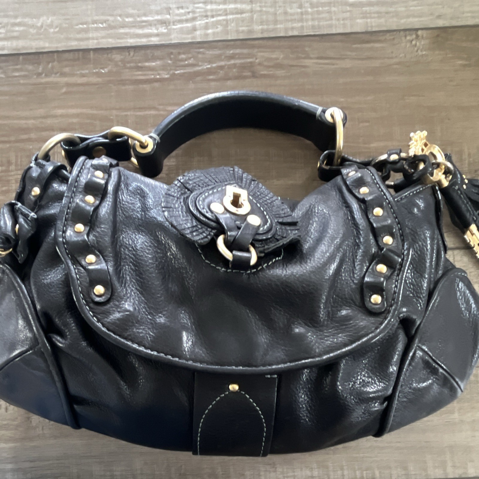 Y2K Juicy Couture Black Leather Studded Purse, heart & key gold metal accents