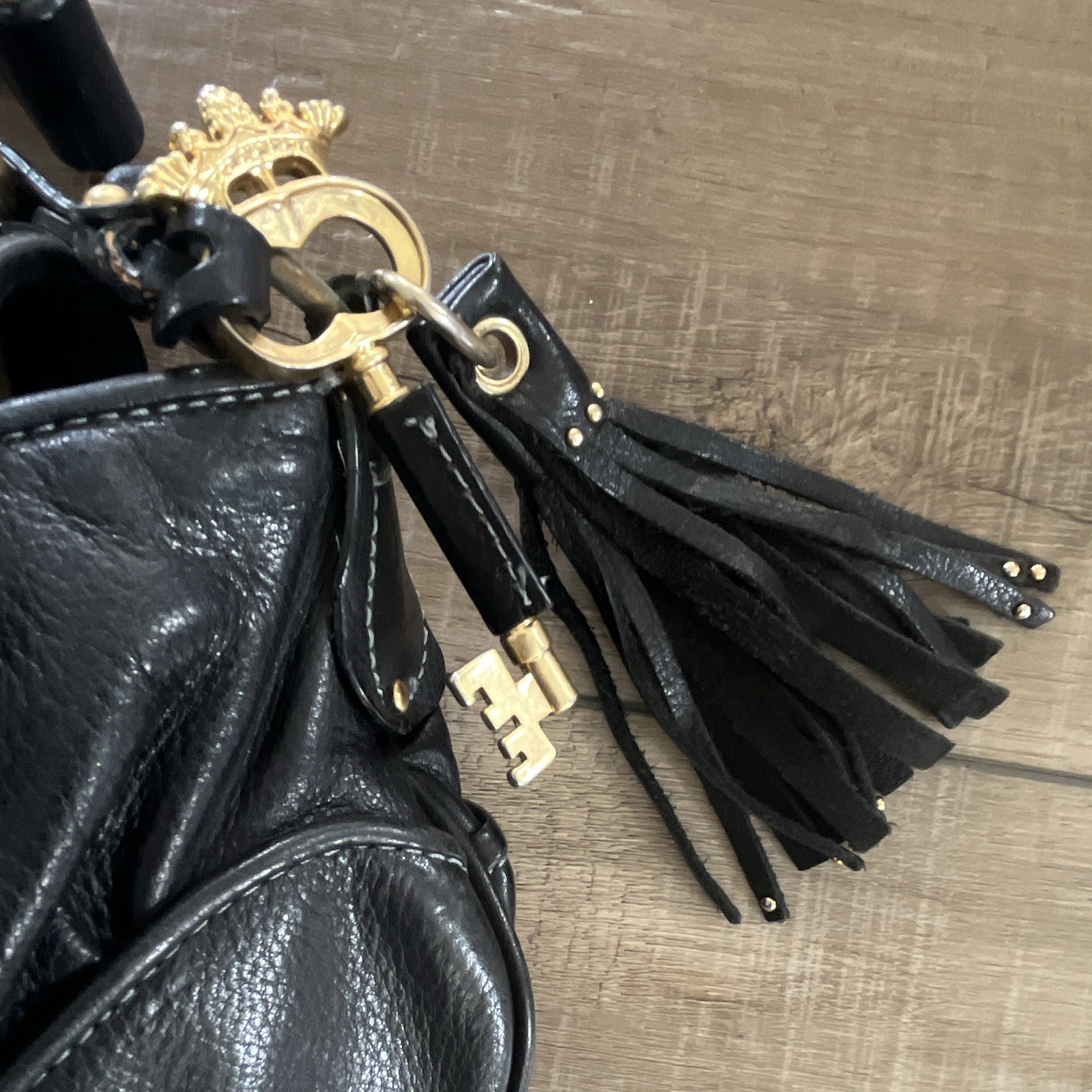 Y2K Juicy Couture Black Leather Studded Purse, heart & key gold metal accents