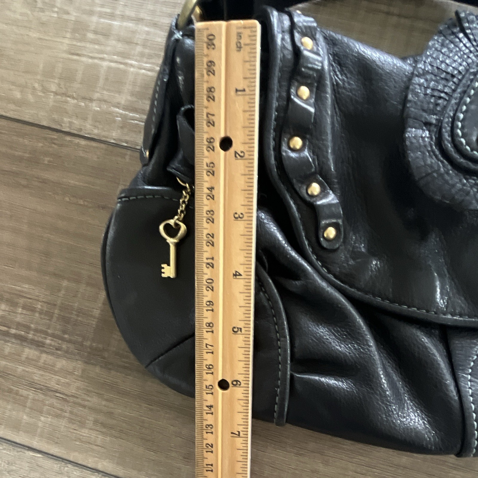 Y2K Juicy Couture Black Leather Studded Purse, heart & key gold metal accents