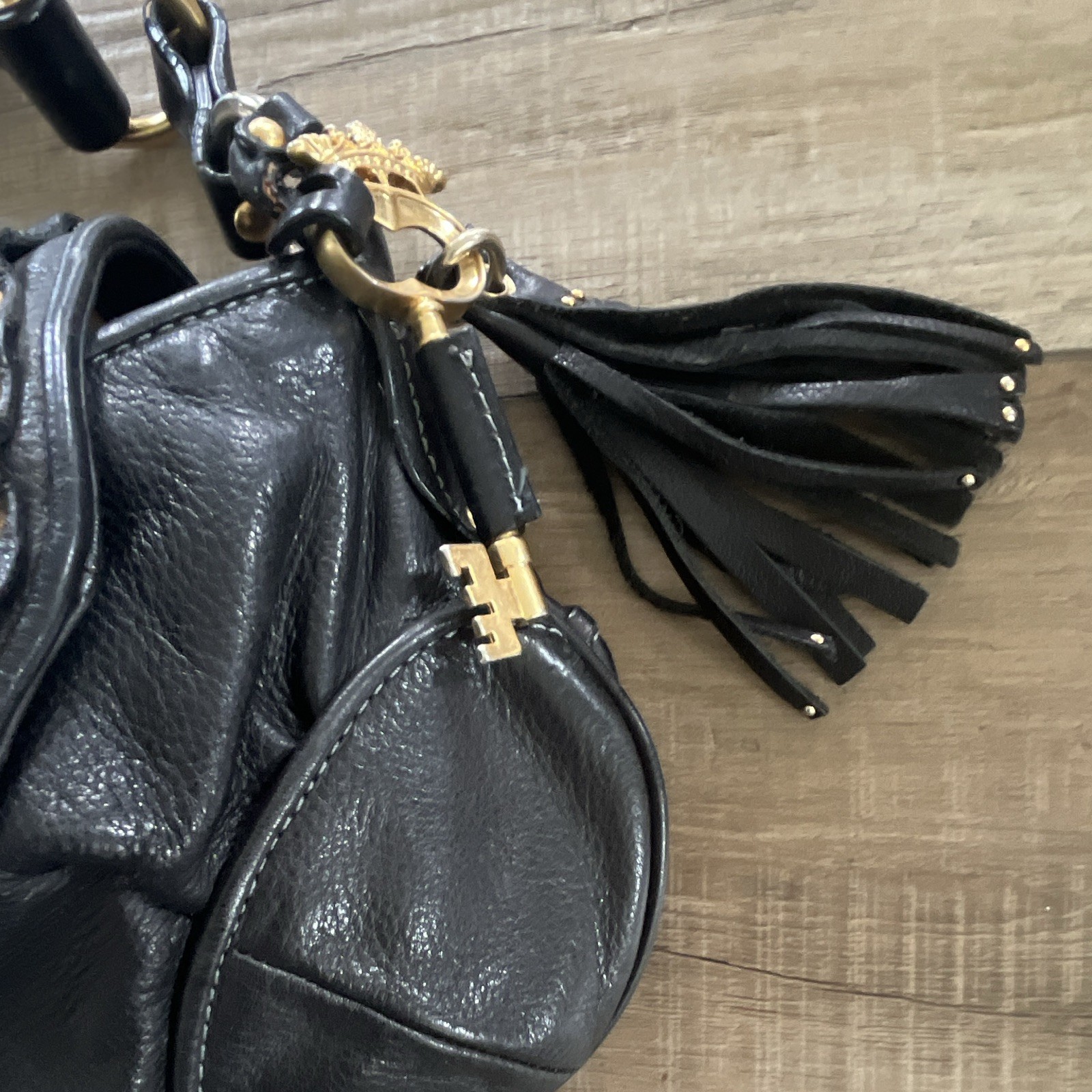 Y2K Juicy Couture Black Leather Studded Purse, heart & key gold metal accents