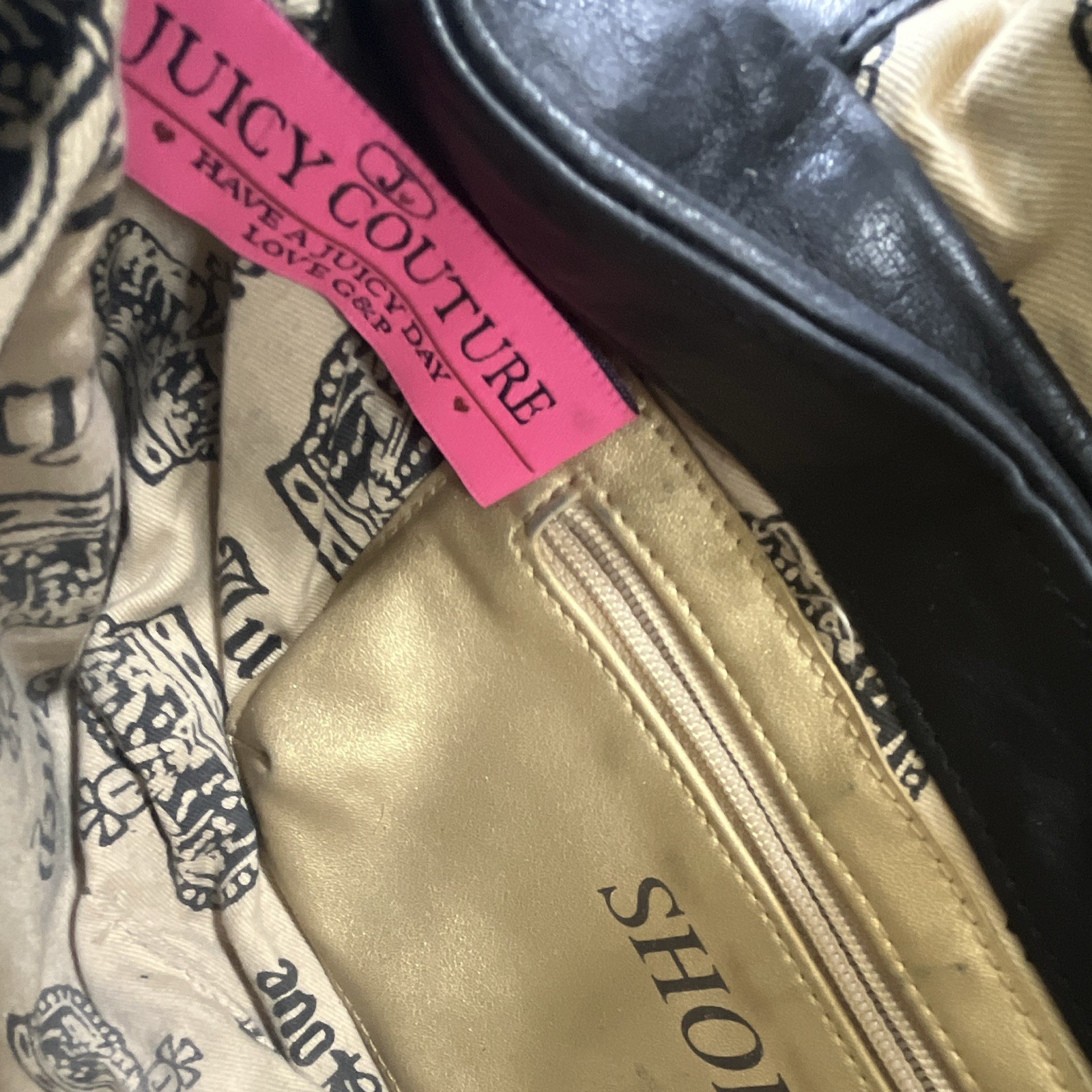 Y2K Juicy Couture Black Leather Studded Purse, heart & key gold metal accents
