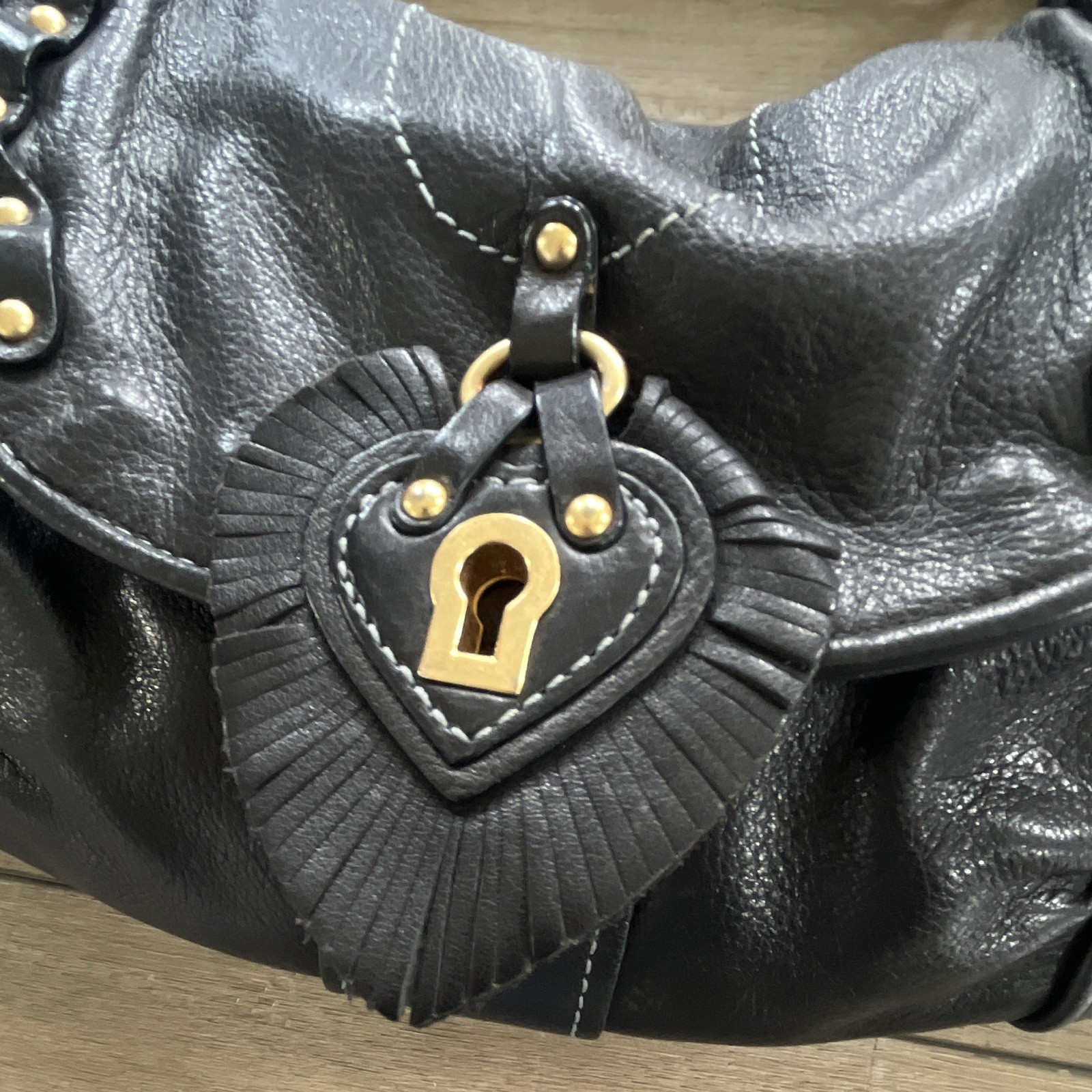 Y2K Juicy Couture Black Leather Studded Purse, heart & key gold metal accents