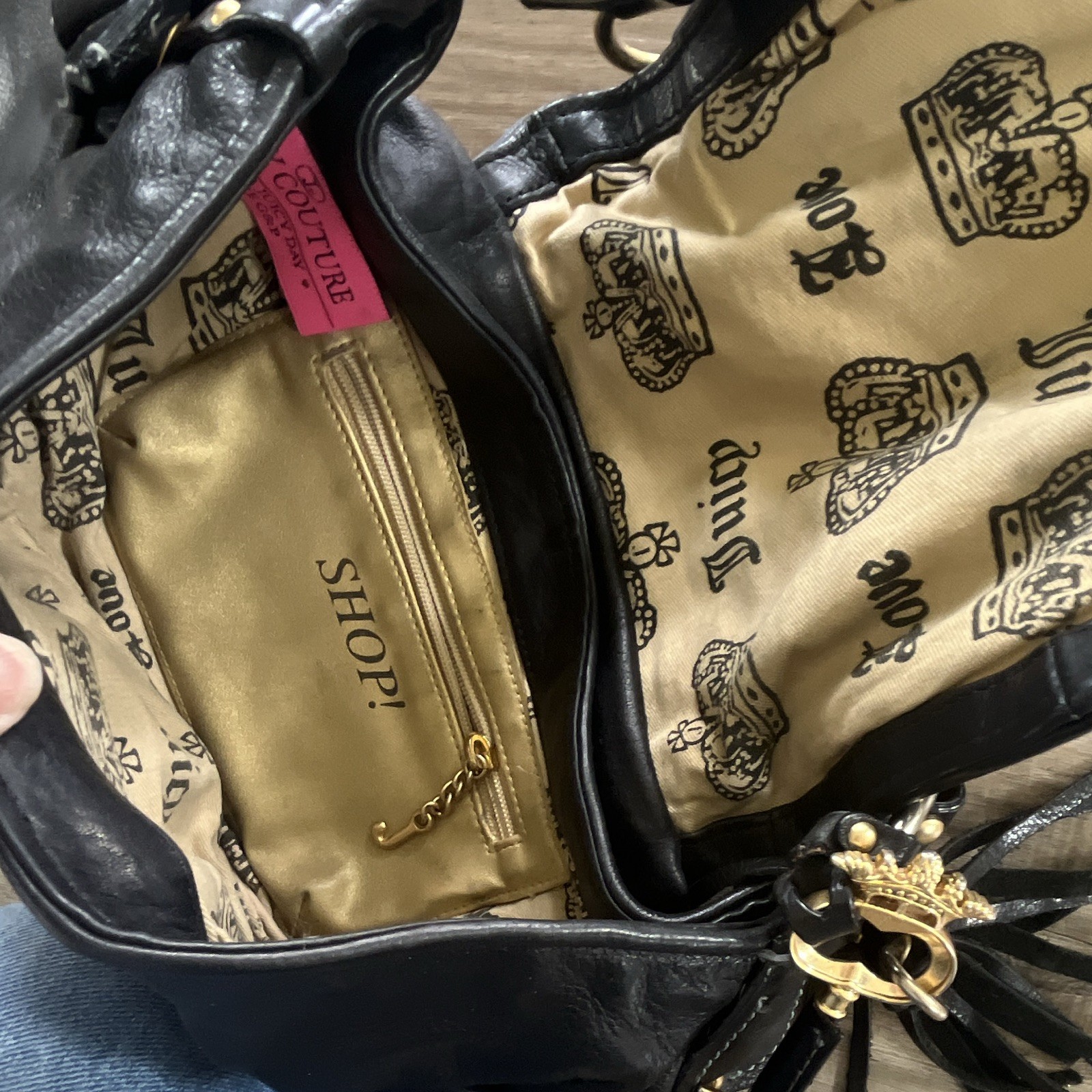 Y2K Juicy Couture Black Leather Studded Purse, heart & key gold metal accents