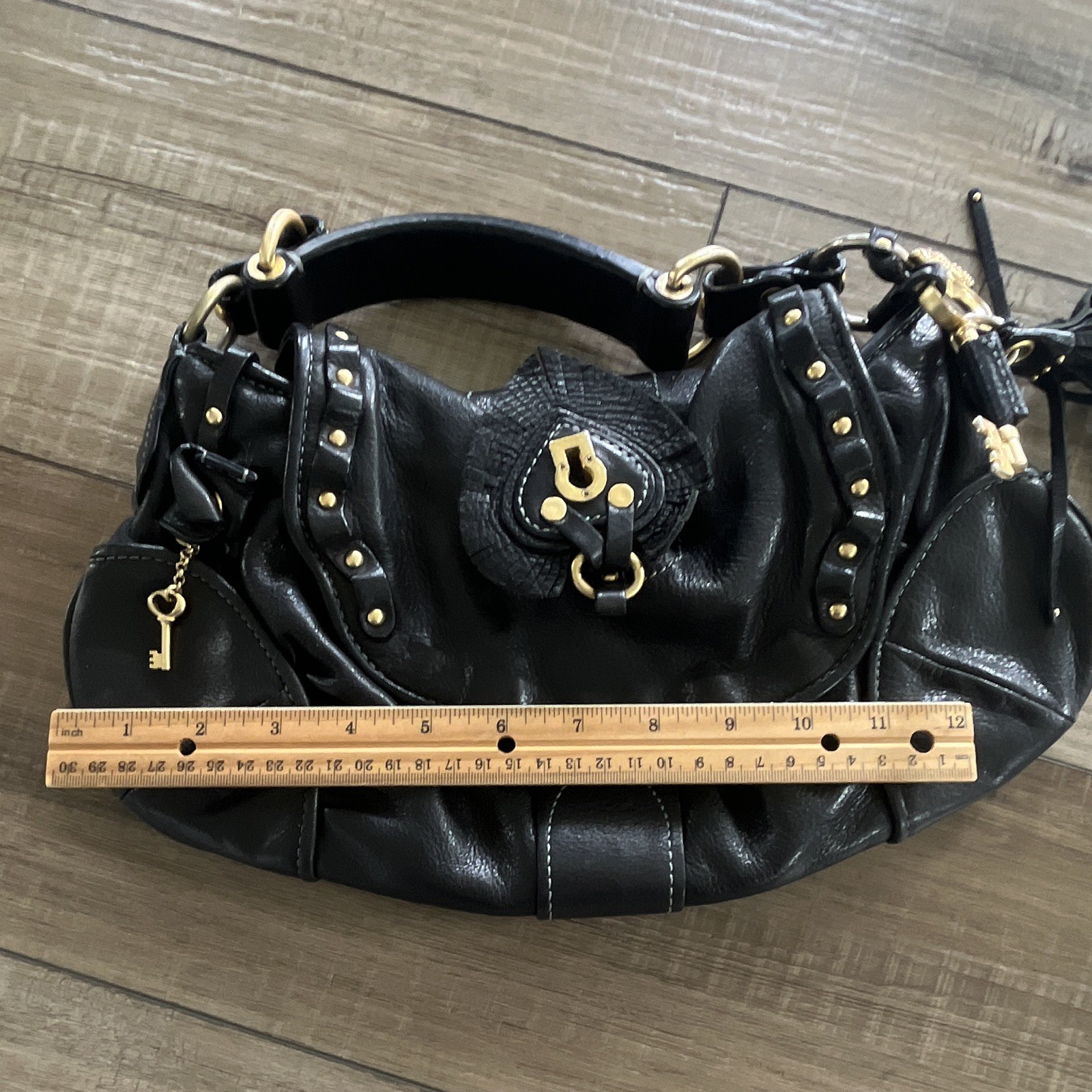 Y2K Juicy Couture Black Leather Studded Purse, heart & key gold metal accents