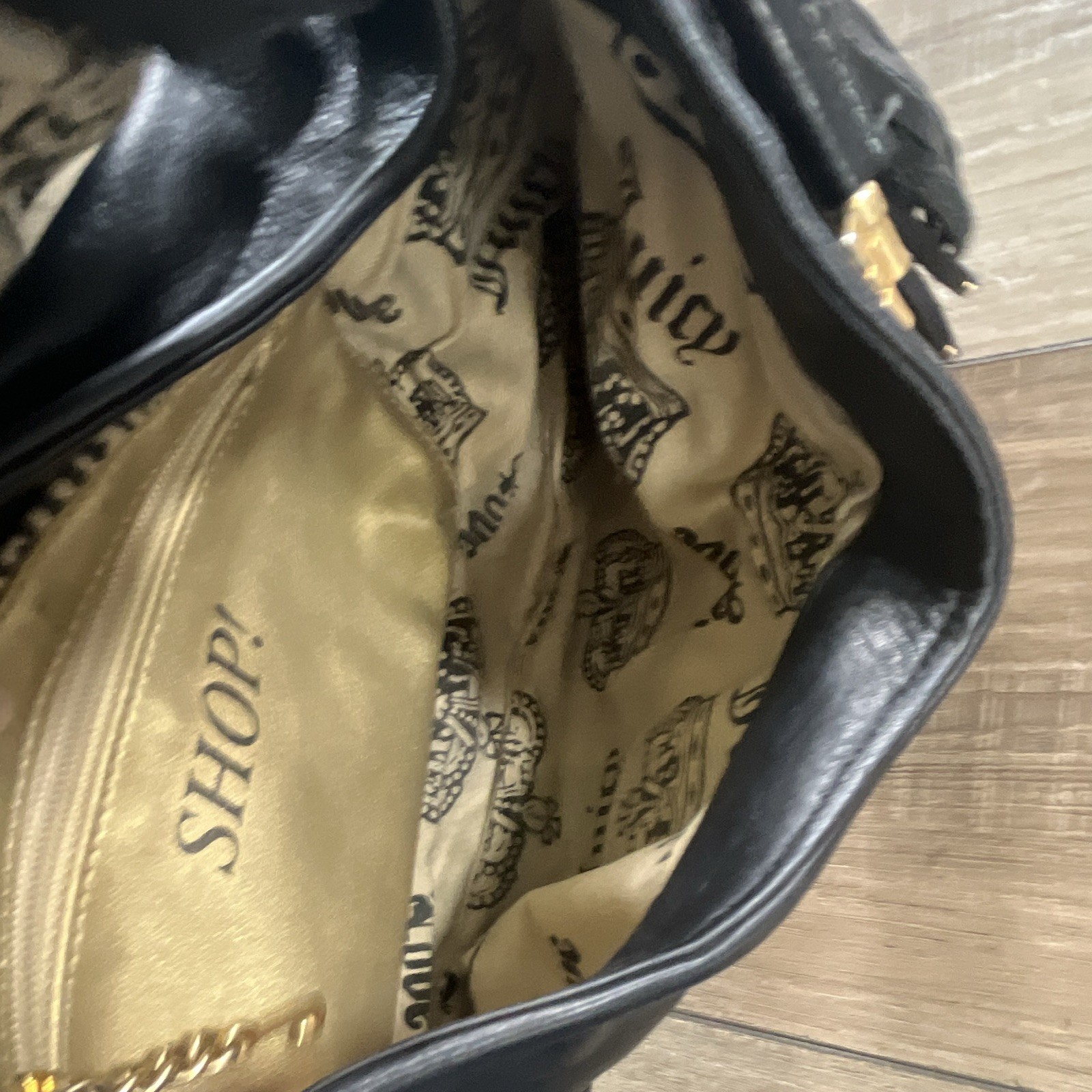 Y2K Juicy Couture Black Leather Studded Purse, heart & key gold metal accents