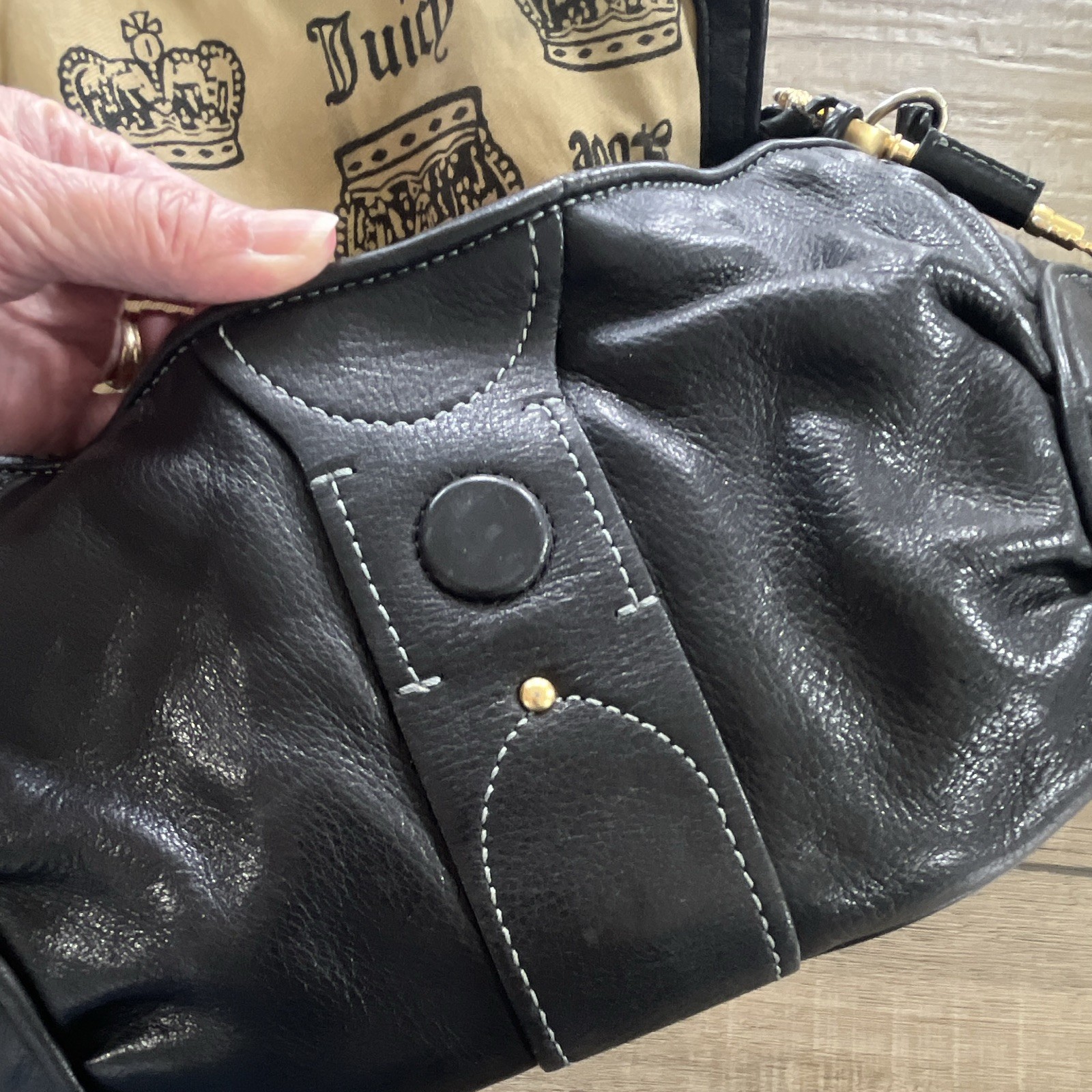 Y2K Juicy Couture Black Leather Studded Purse, heart & key gold metal accents