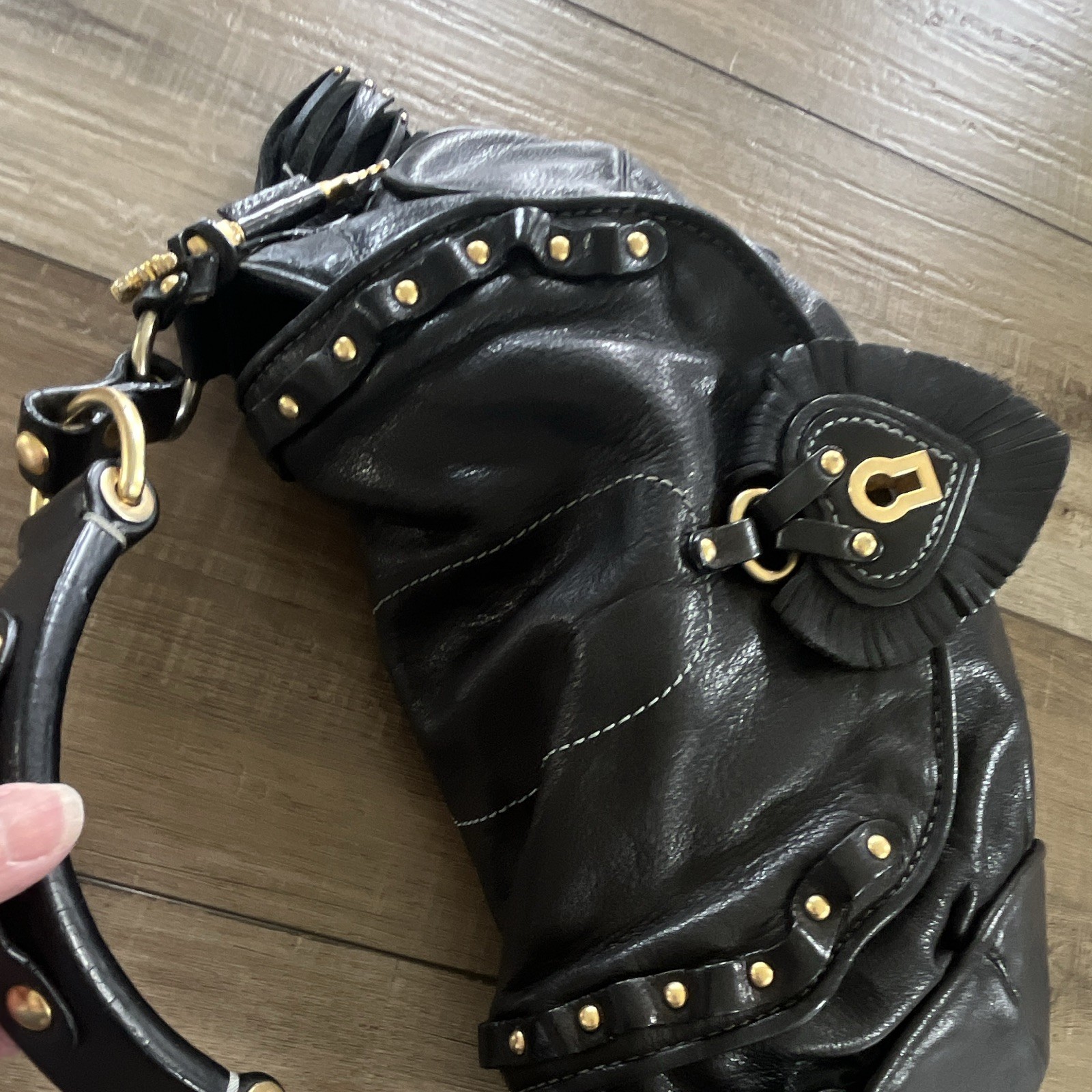 Y2K Juicy Couture Black Leather Studded Purse, heart & key gold metal accents