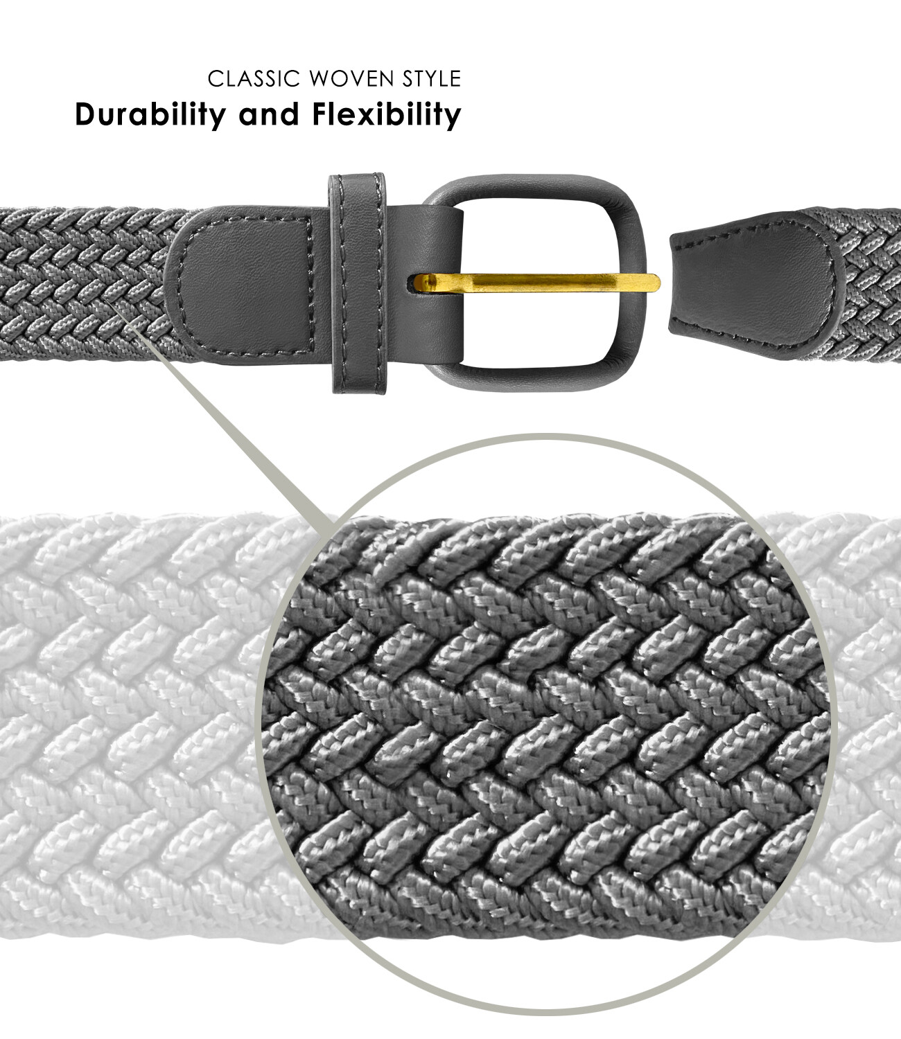 7001 Women’s Leather Covered Buckle Woven Elastic Stretch Belt, 1-1/4″ Wide