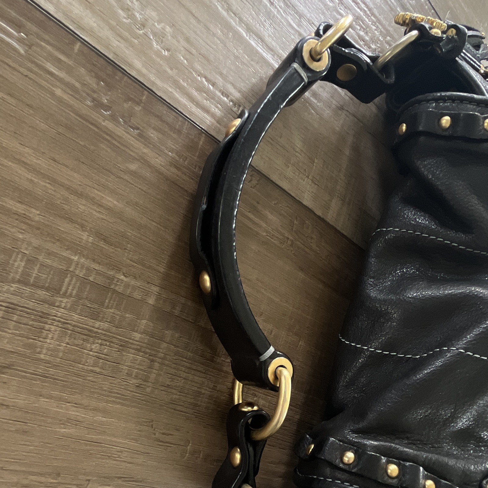 Y2K Juicy Couture Black Leather Studded Purse, heart & key gold metal accents