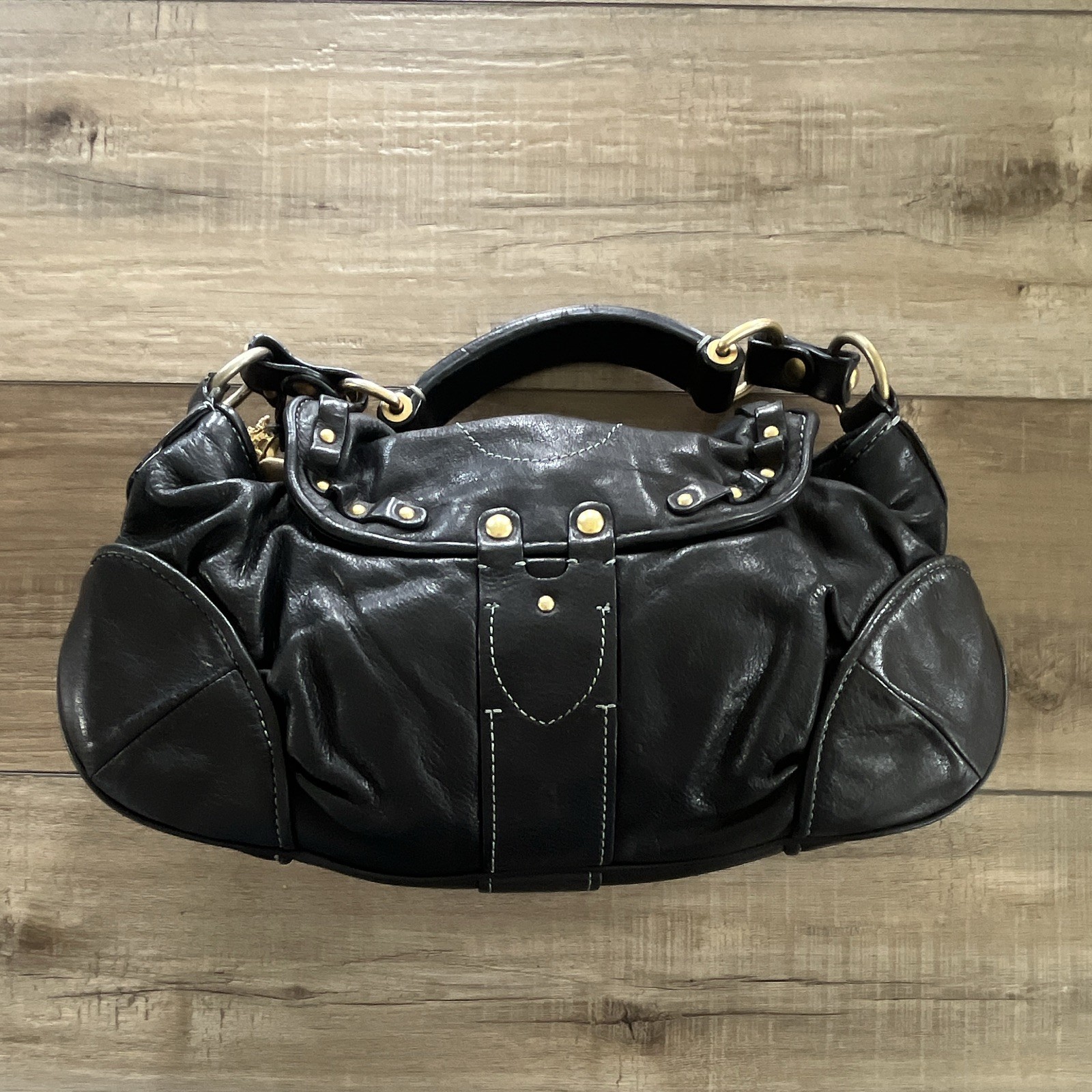 Y2K Juicy Couture Black Leather Studded Purse, heart & key gold metal accents